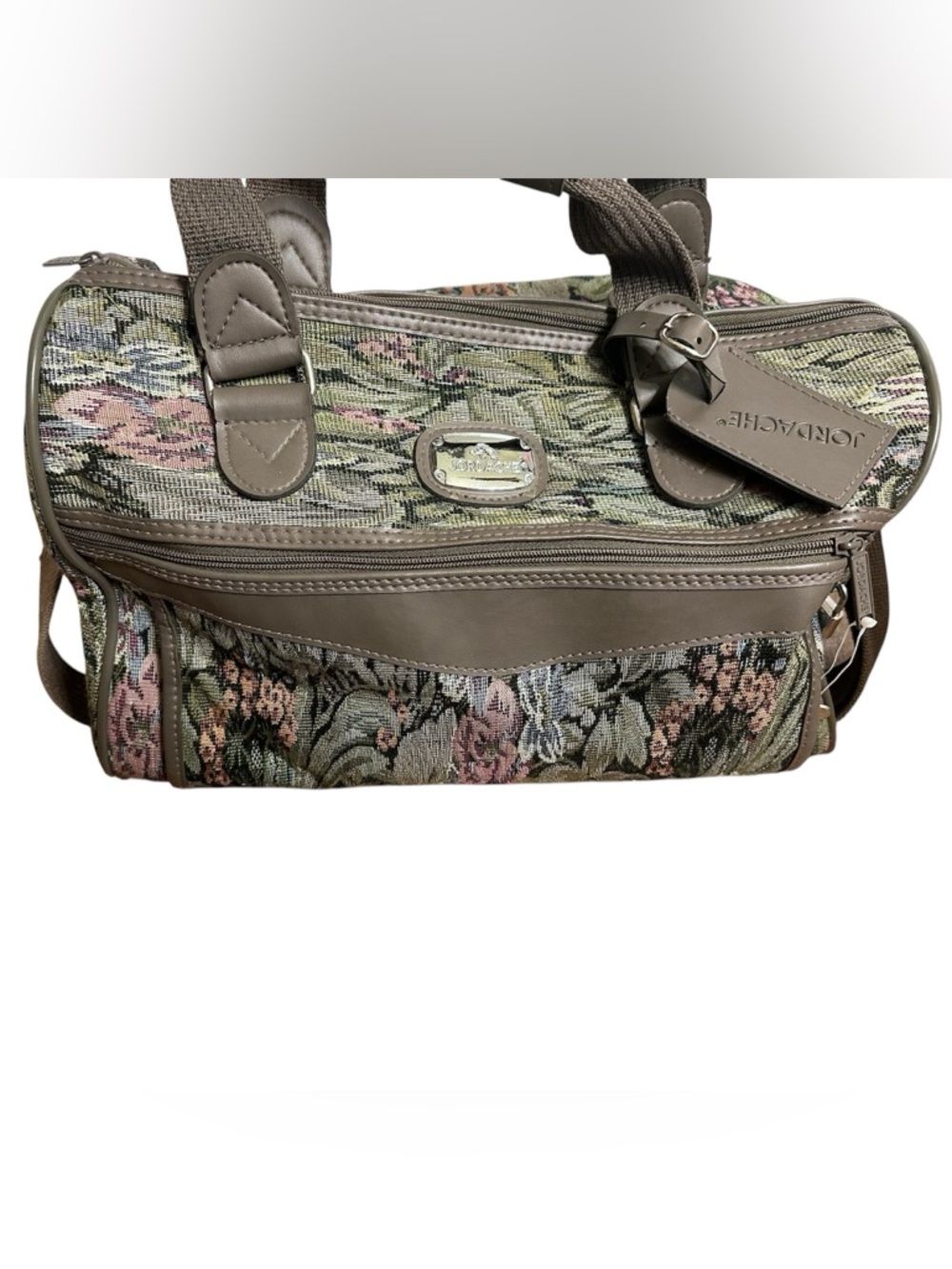 Jordache Taupe Floral Tapestry Weekender Bag with Olive and Pink Accents